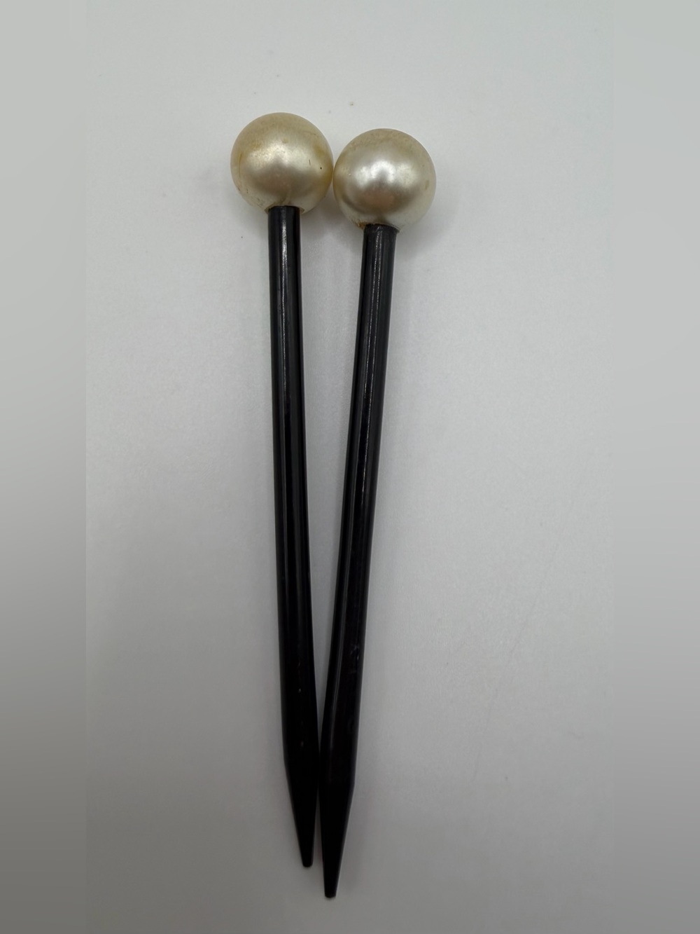 2 Vtg Art Deco Hair Stick French Black Celluloid Faux Pearl Round Top Bun Pin